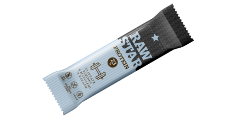 RAW STAR PROTEIN - šťavnaté rozinky, mandle, kakao + RÝŽOVÝ PROTEIN 45g./20ks